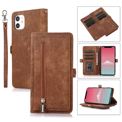 iPhone 11 Zipper Card Slot Buckle Wallet Leather Phone Case - Brown