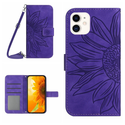 iPhone 11 Skin Feel Sun Flower Pattern Flip Leather Phone Case with Lanyard - Dark Purple