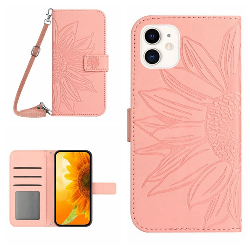 iPhone 11 Skin Feel Sun Flower Pattern Flip Leather Phone Case with Lanyard - Pink