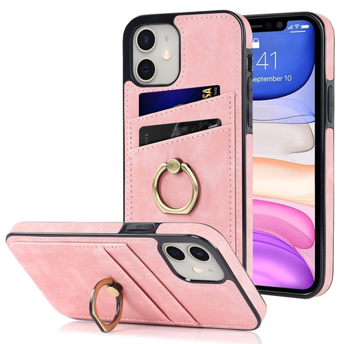 iPhone 11 Vintage Patch Leather Phone Case with Ring Holder  - Pink