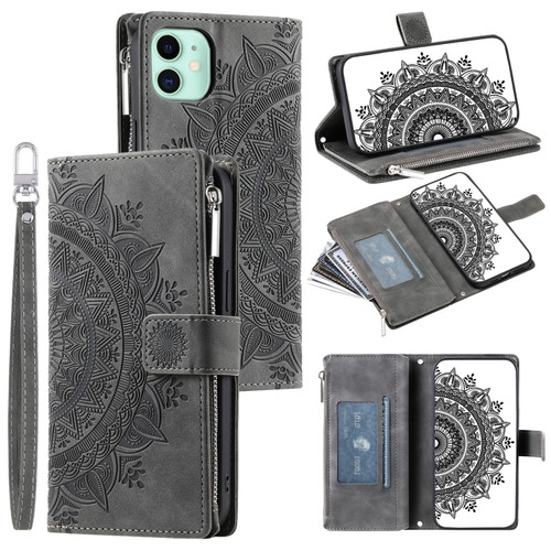 iPhone 11 Multi-Card Totem Zipper Leather Phone Case - Grey