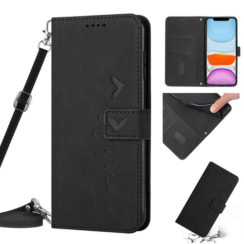 iPhone 11 Skin Feel Heart Pattern Leather Phone Case With Lanyard  - Black