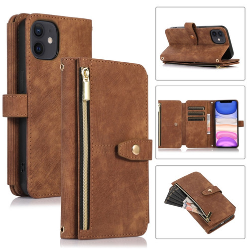 iPhone 11 Dream 9-Card Wallet Zipper Bag Leather Phone Case - Brown