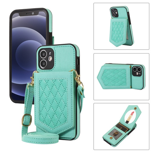 iPhone 11 Rhombic Texture RFID Phone Case with Lanyard & Mirror - Mint Green