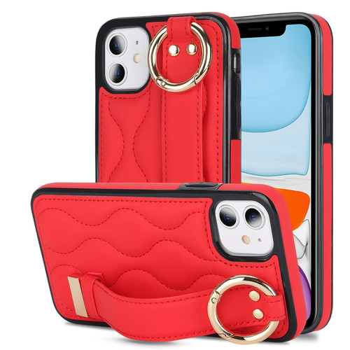 iPhone 11 Non-slip Full Coverage Ring PU Phone Case with Wristband - Red