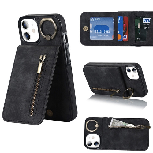 iPhone 11 Retro Ring and Zipper RFID Card Slot Phone Case - Black