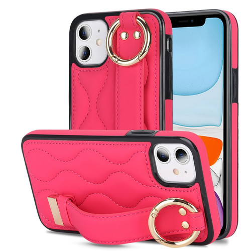 iPhone 11 Non-slip Full Coverage Ring PU Phone Case with Wristband - Rose Red