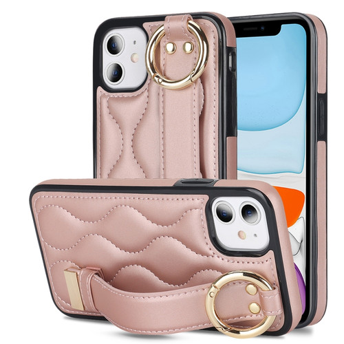 iPhone 11 Non-slip Full Coverage Ring PU Phone Case with Wristband - Rose Gold