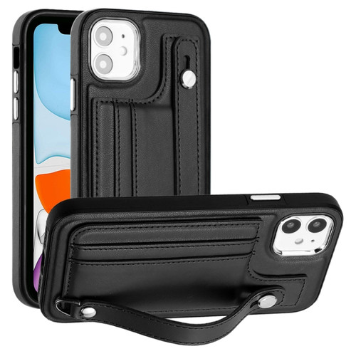 iPhone 11 Shockproof Leather Phone Case with Wrist Strap - Black