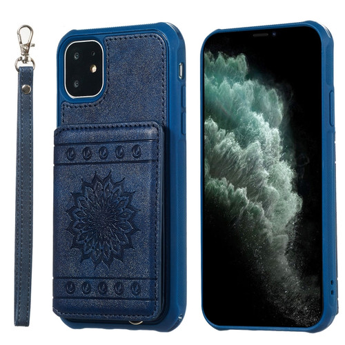 iPhone 11 Sunflower Embossing Pattern PU + TPU Case with Holder & Card Slots & Photo Frame & Lanyard - Blue