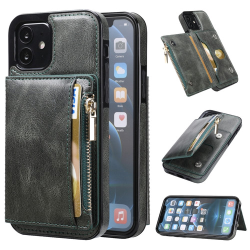 iPhone 11 Zipper Wallet Bag PU Back Cover Shockrpoof Phone Case with Holder & Card Slots & Wallet  - Green