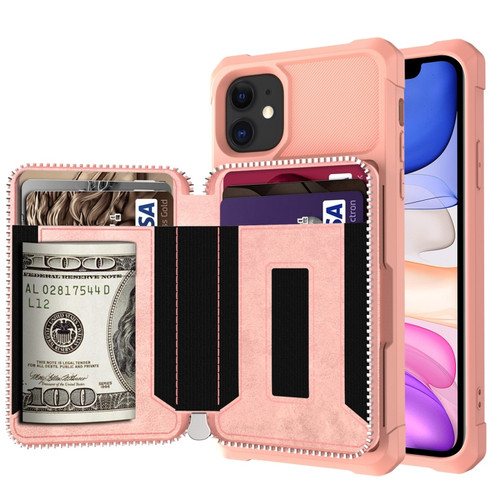 iPhone 11 Zipper Wallet Card Bag PU Back Case  - Rose Gold