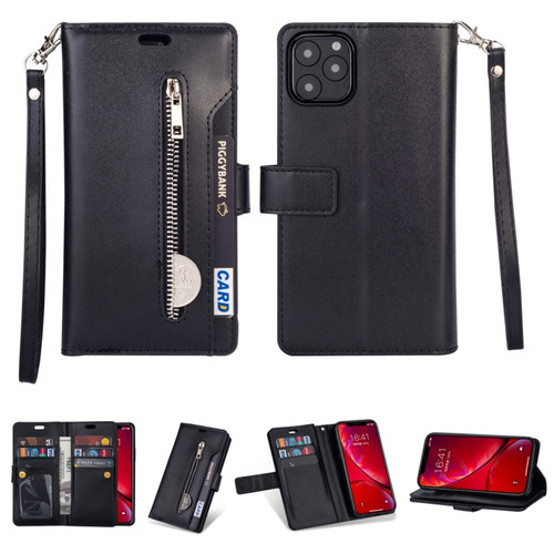 iPhone 11 Multifunctional Zipper Horizontal Flip Leather Case with Holder & Wallet & 9 Card Slots & Lanyard - Black