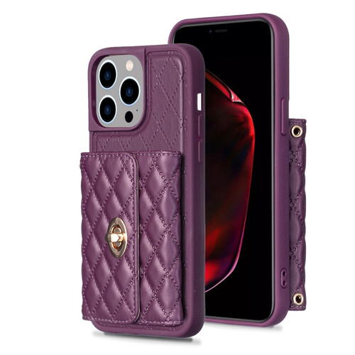 iPhone 14 Pro Max Horizontal Metal Buckle Wallet Rhombic Leather Phone Case - Dark Purple
