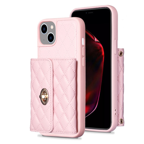 iPhone 14 Plus Horizontal Metal Buckle Wallet Rhombic Leather Phone Case - Pink