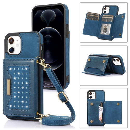 iPhone 11 Three-fold RFID Leather Phone Case with Lanyard - Blue