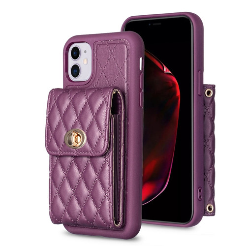 iPhone 11 Vertical Metal Buckle Wallet Rhombic Leather Phone Case - Dark Purple