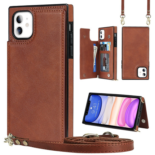 iPhone 11 Cross-body Square Double Buckle Flip Card Bag TPU+PU Case with Card Slots & Wallet & Photo & Strap  - Brown