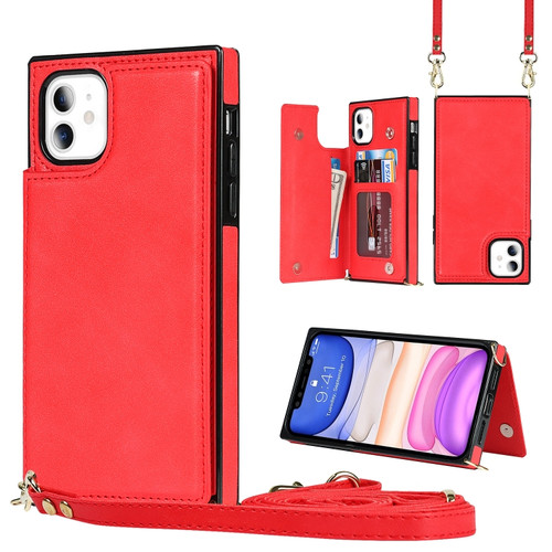 iPhone 11 Cross-body Square Double Buckle Flip Card Bag TPU+PU Case with Card Slots & Wallet & Photo & Strap  - Red