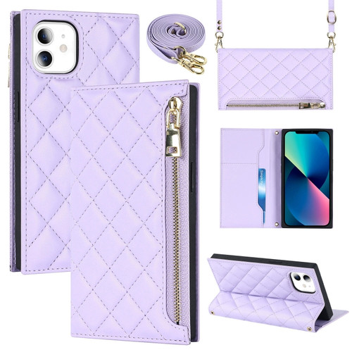 iPhone 11 Grid Texture Lanyard Zipper Leather Phone Case - Purple