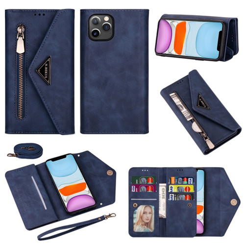 iPhone 11 Skin Feel Zipper Horizontal Flip Leather Case with Holder & Card Slots & Photo Frame & Lanyard & Long Rope - Blue