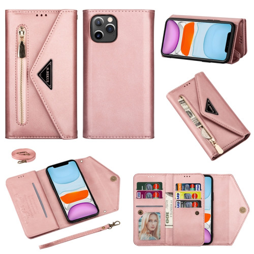 iPhone 11 Skin Feel Zipper Horizontal Flip Leather Case with Holder & Card Slots & Photo Frame & Lanyard & Long Rope - Rose Gold