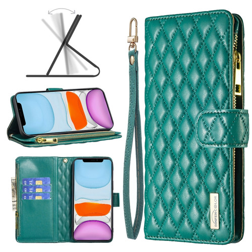 iPhone 11 Diamond Lattice Zipper Wallet Leather Flip Phone Case  - Green