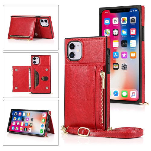 iPhone 11 Square Zipper Wallet Bag TPU+PU Back Cover Case with Holder & Card Slots & Wallet & Cross-body Strap  - Red