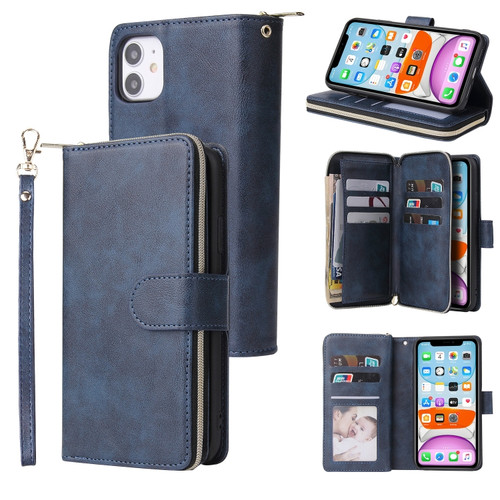 iPhone 11 Zipper Wallet Bag Horizontal Flip PU Leather Case with Holder & 9 Card Slots & Wallet & Lanyard & Photo Frame - Blue