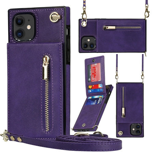 iPhone 11 Cross-body Zipper Square TPU+PU Back Cover Case with Holder & Card Slots & Wallet & Strap  - Purple