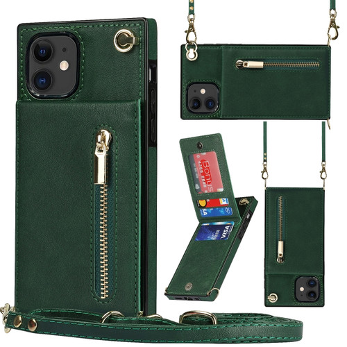 iPhone 11 Cross-body Zipper Square TPU+PU Back Cover Case with Holder & Card Slots & Wallet & Strap  - Green