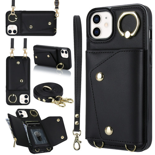 iPhone 11 Zipper Card Bag Phone Case with Dual Lanyard - Black