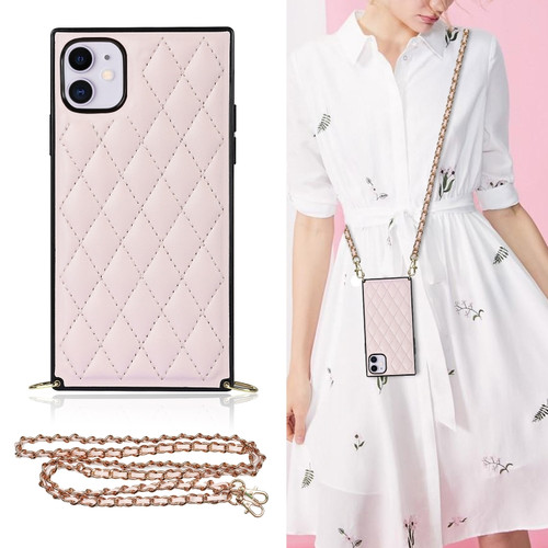 iPhone 11 Elegant Rhombic Pattern Microfiber Leather +TPU Shockproof Case with Crossbody Strap Chain  - Pink