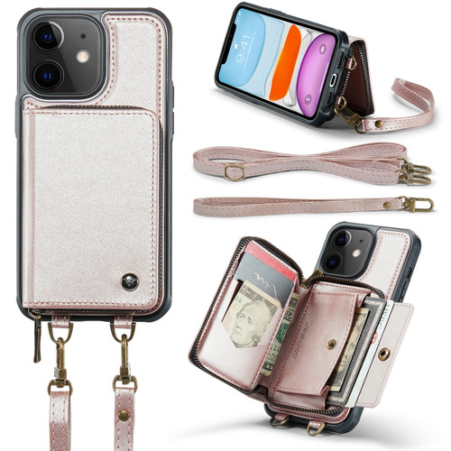 iPhone 11 JEEHOOD C22 Series Zipper Wallet Leather Phone Case with Dual Lanyard - Rose Gold