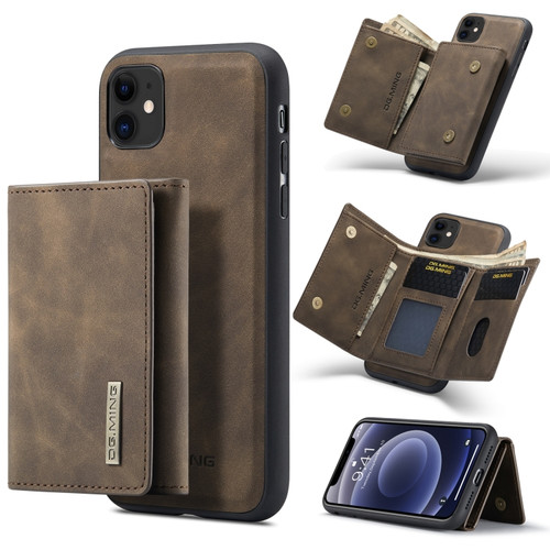 DG.MING M1 Series 3-Fold Multi Card Wallet  Back Cover Shockproof Case with Holder Function iPhone 11 - Coffee