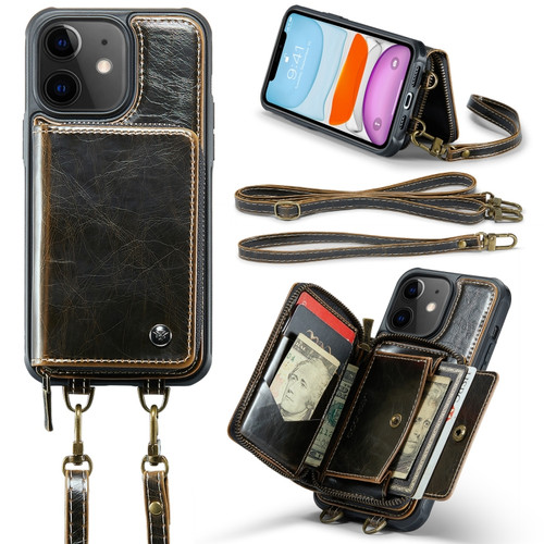 iPhone 11 JEEHOOD C22 Series Zipper Wallet Leather Phone Case with Dual Lanyard - Coffee
