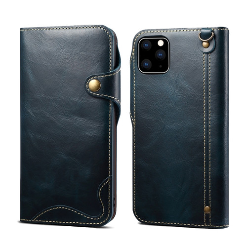 iPhone 11 Denior Oil Wax Cowhide Magnetic Button Horizontal Flip Leather Case with Card Slots & Wallet - Dark Blue