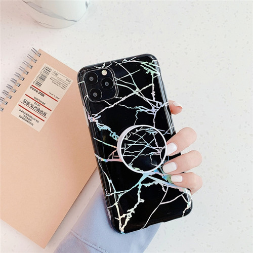 iPhone 11 Pro Max TPU Glossy Laser Marble Colorful Mobile Phone Protective Case with Folding Bracket - Black