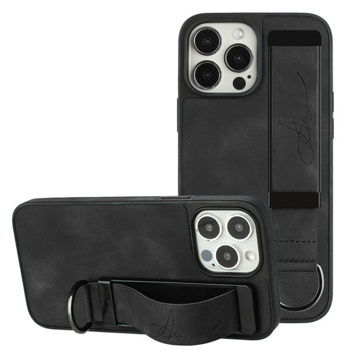 iPhone 11 Pro Max Wristband Holder Leather Back Phone Case - Black