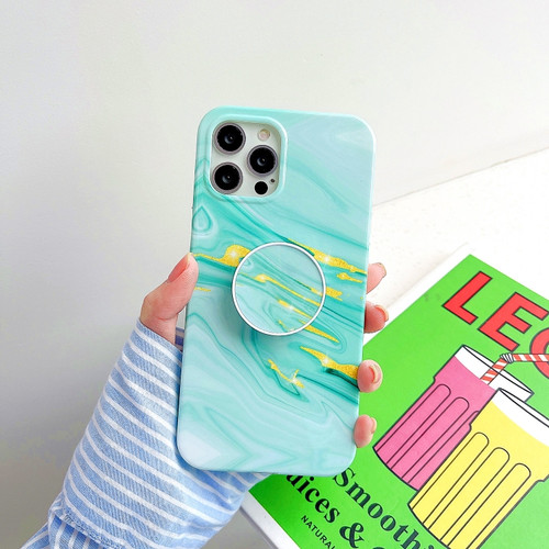 iPhone 11 Pro Max Thickened TPU Glazed Marble Pattern Case with Folding Holder - Green