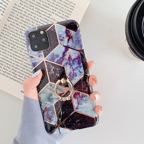 iPhone 11 Pro Max Plating Colorful Geometric Pattern Mosaic Marble TPU Mobile Phone Case Rhinestone Stand Ring - Black PR6