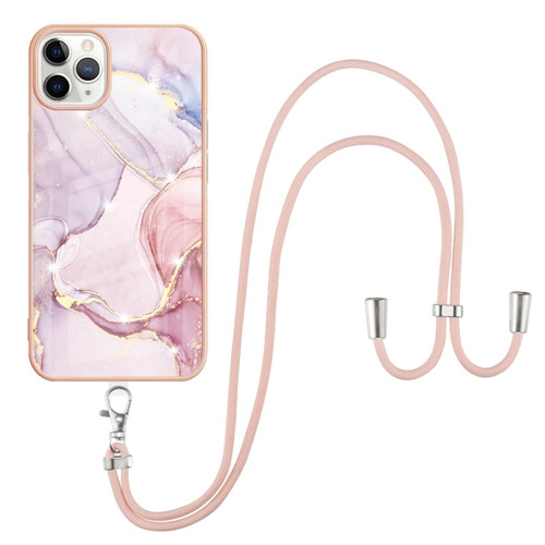 iPhone 11 Pro Max Electroplating Marble Pattern IMD TPU Shockproof Case with Neck Lanyard - Rose Gold 005