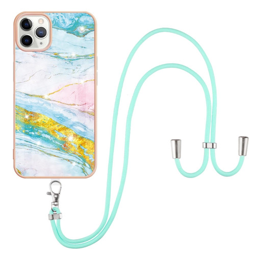 iPhone 11 Pro Max Electroplating Marble Pattern IMD TPU Shockproof Case with Neck Lanyard - Green 004