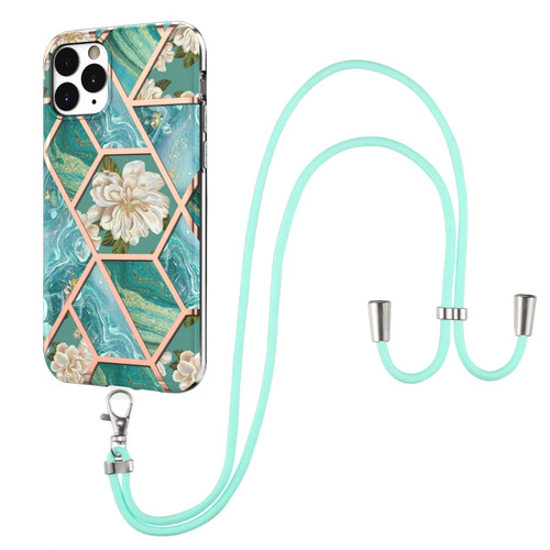 iPhone 11 Pro Max Electroplating Splicing Marble Flower Pattern TPU Shockproof Case with Lanyard  - Blue Flower