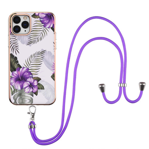 iPhone 11 Pro Max Electroplating Pattern IMD TPU Shockproof Case with Neck Lanyard  - Purple Flower