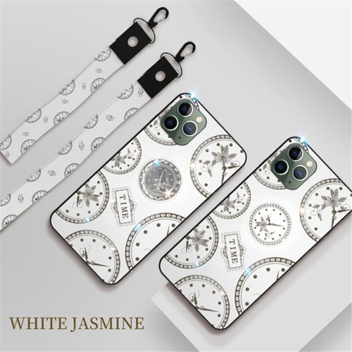 iPhone 11 Pro Max Fashion Clock Pattern Rhinestone Mobile Phone Shell with Bracket / Hand Rope / Lanyard - White