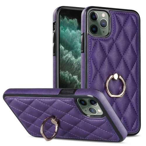 iPhone 11 Pro Max Rhombic PU Leather Phone Case with Ring Holder - Purple