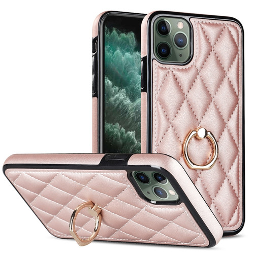 iPhone 11 Pro Max Rhombic PU Leather Phone Case with Ring Holder - Rose Gold