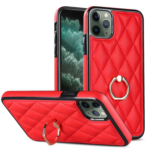 iPhone 11 Pro Max Rhombic PU Leather Phone Case with Ring Holder - Red