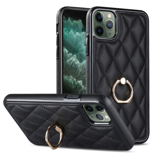 iPhone 11 Pro Max Rhombic PU Leather Phone Case with Ring Holder - Black